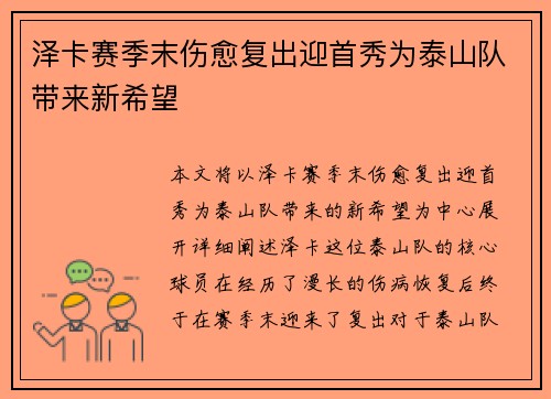 泽卡赛季末伤愈复出迎首秀为泰山队带来新希望