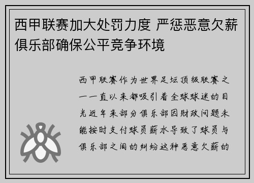 西甲联赛加大处罚力度 严惩恶意欠薪俱乐部确保公平竞争环境